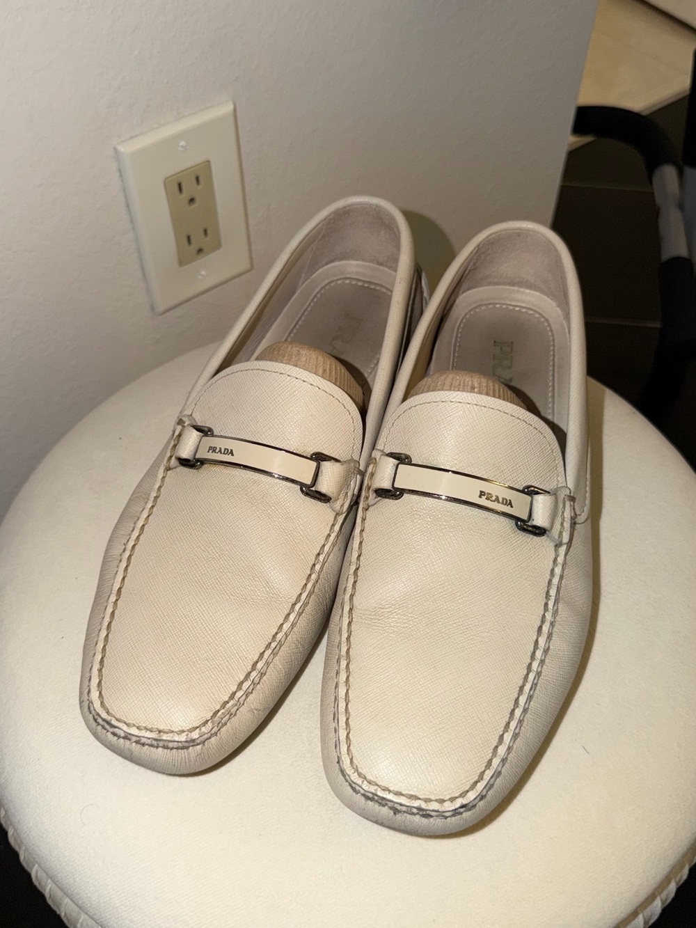 Prada Men’s Cream Leather Bit-Detail Loafers